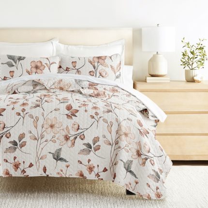 Floral bedding set with nightstand and lamp