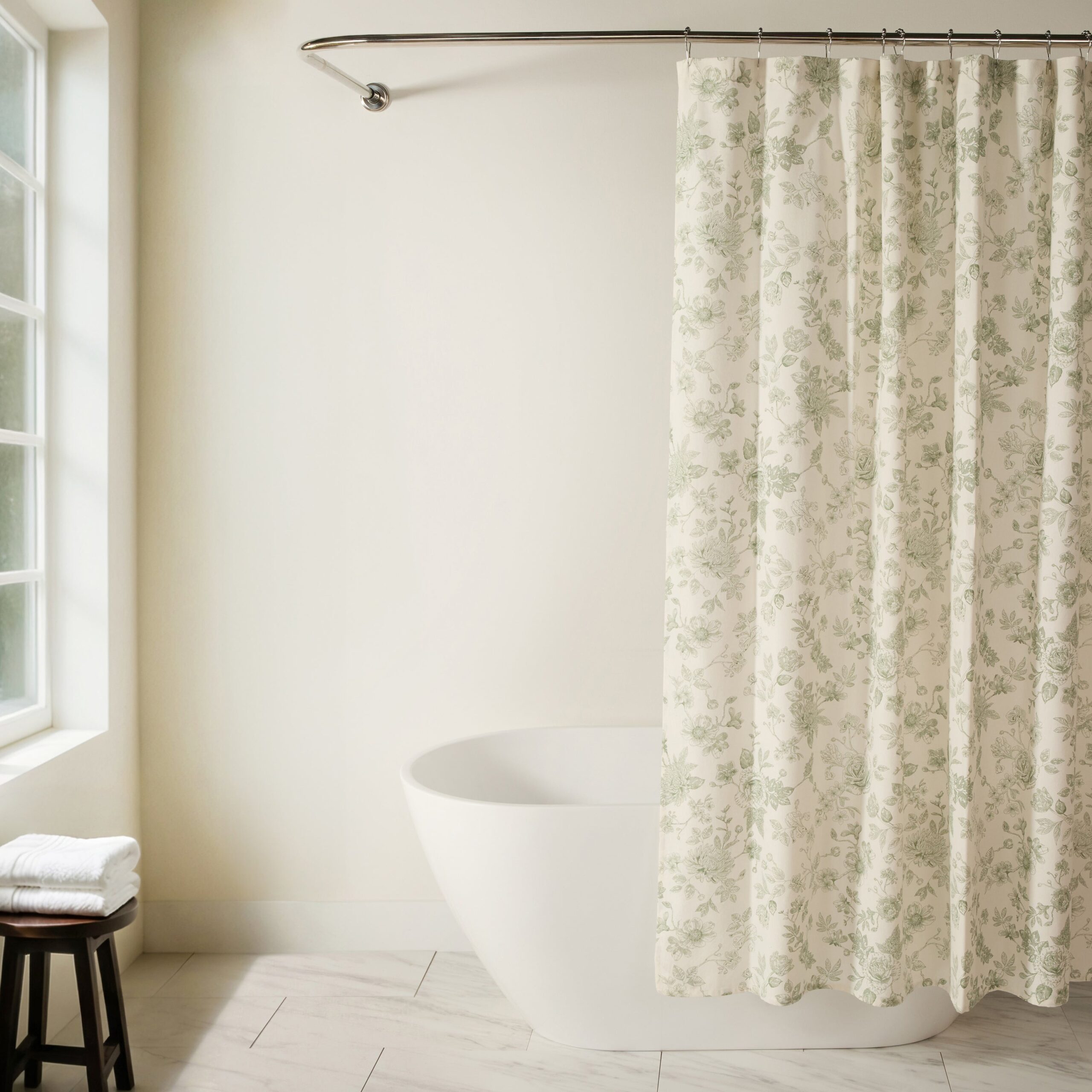 swcrt-cb-vfl-sage-01-c2-graphic.jpg Bathroom with floral shower curtain and bathtub.
